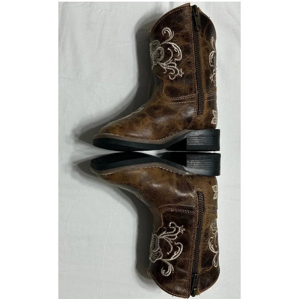 Girls Brown Leather Floral Embroidered Western Cowboy Boots BSGSP24P7 Size 5.0 D